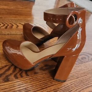 Crown & Ivy Cognac Color Patent Leather w/ankle strap. Block Platform Heel